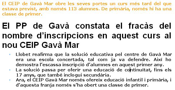 Nota de premsa del PPC de Gavà criticant la posada en marxa de la nova Escola Gavà Mar (18 de setembre de 2008)